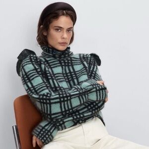 Zara Checked Wool/Mohair Knit Sweater mint black plaid size M
